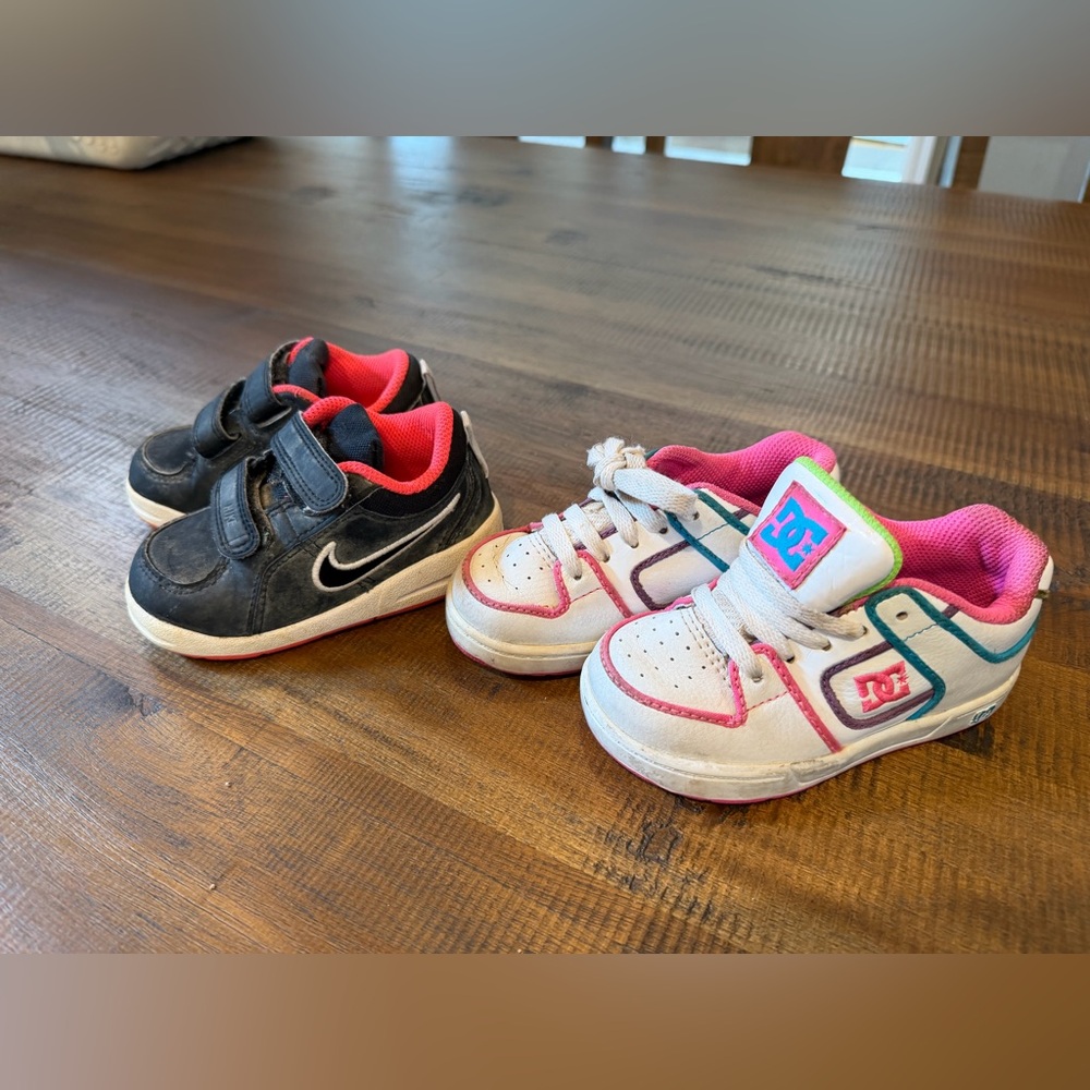DC Kids White Sneakers with Pink and Teal Accents and Nike Pico sneakers size 6!